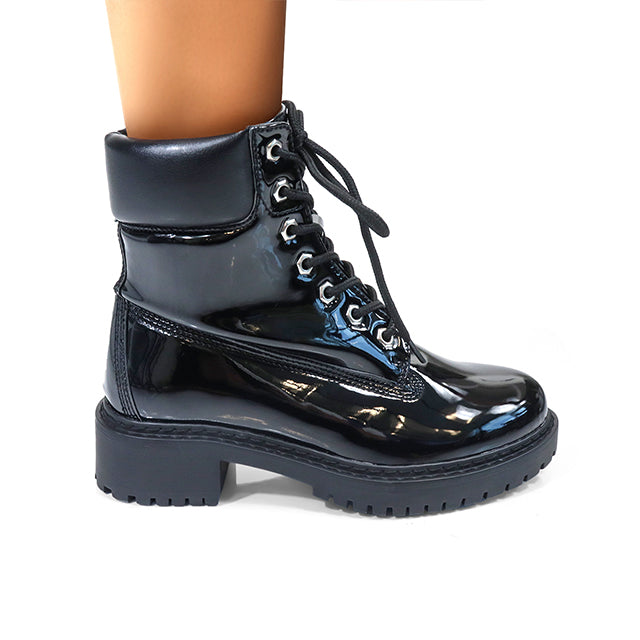 OLIVIA-3 PATENT LACE UP COMBAT BOOTIE W/ LUG SOLE BLACK