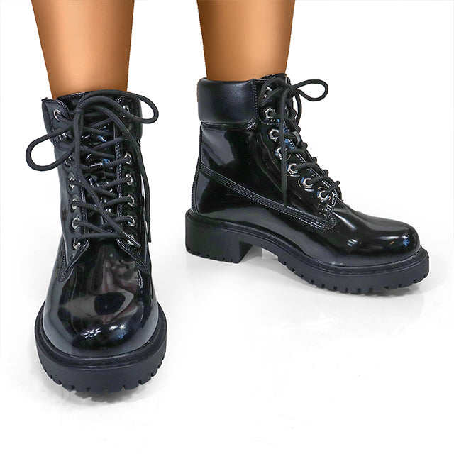 OLIVIA-3 PATENT LACE UP COMBAT BOOTIE W/ LUG SOLE BLACK