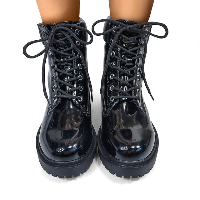 OLIVIA-3 PATENT LACE UP COMBAT BOOTIE W/ LUG SOLE BLACK