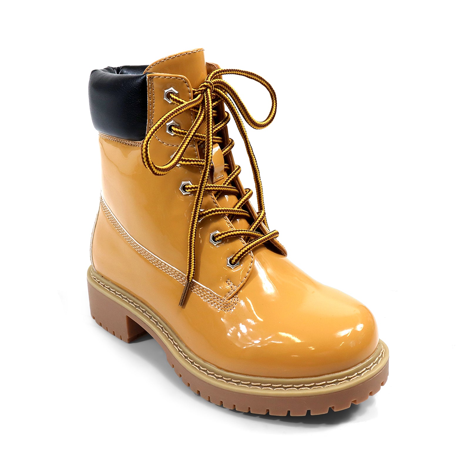 OLIVIA-3 PATENT LACE UP COMBAT BOOTIE W/ LUG SOLE CAMEL