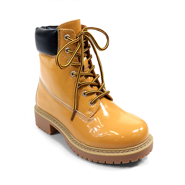 OLIVIA-3 PATENT LACE UP COMBAT BOOTIE W/ LUG SOLE CAMEL