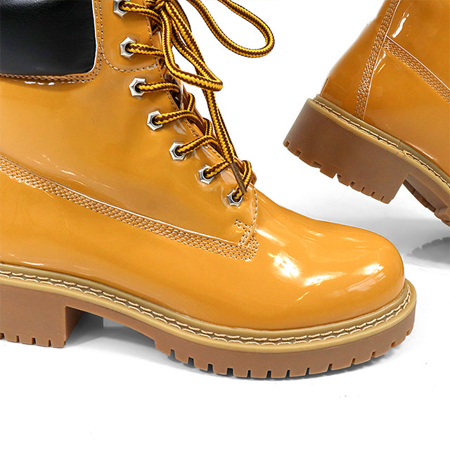OLIVIA-3 PATENT LACE UP COMBAT BOOTIE W/ LUG SOLE CAMEL