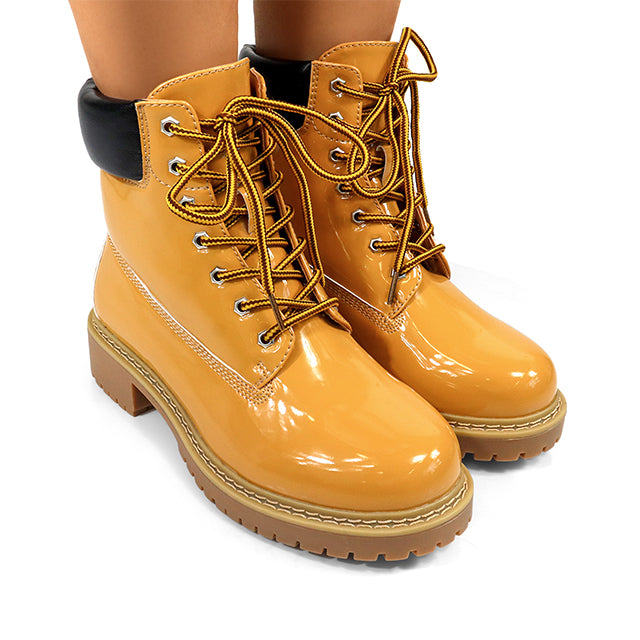 OLIVIA-3 PATENT LACE UP COMBAT BOOTIE W/ LUG SOLE CAMEL