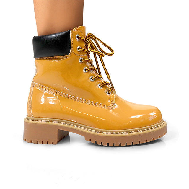 OLIVIA-3 PATENT LACE UP COMBAT BOOTIE W/ LUG SOLE CAMEL