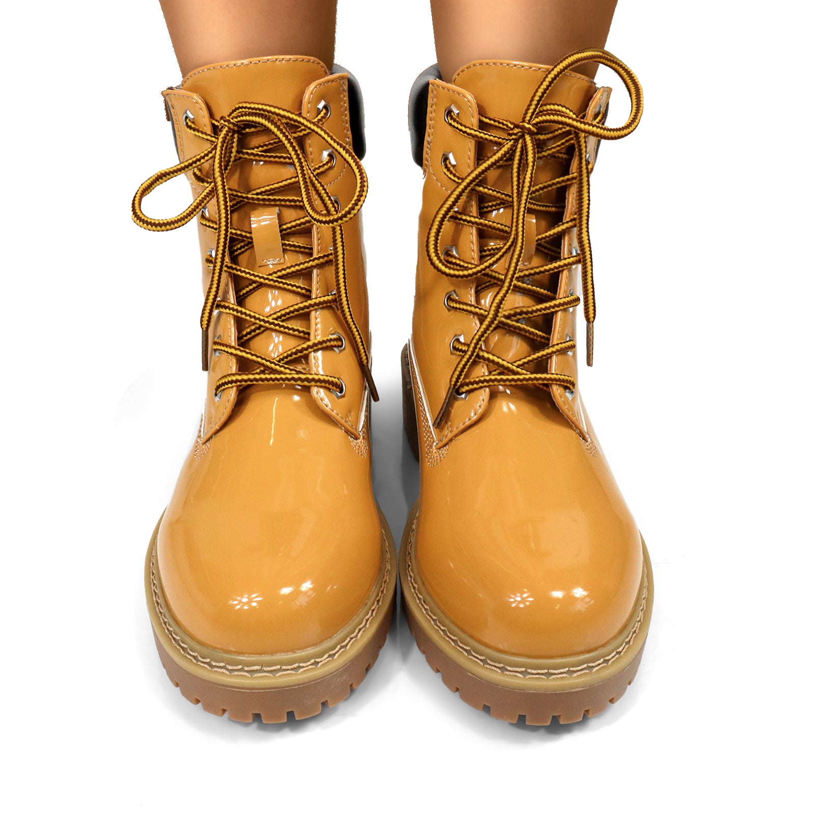 OLIVIA-3 PATENT LACE UP COMBAT BOOTIE W/ LUG SOLE CAMEL