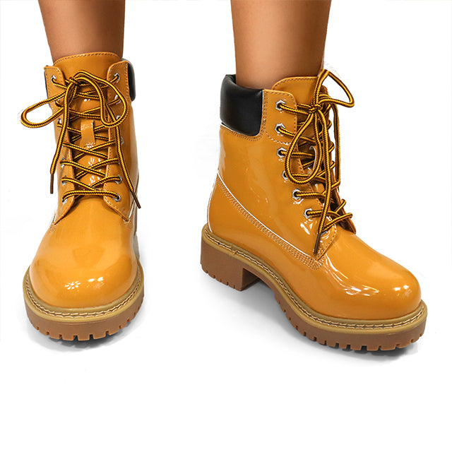OLIVIA-3 PATENT LACE UP COMBAT BOOTIE W/ LUG SOLE CAMEL