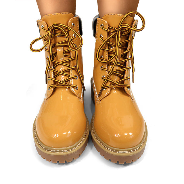 OLIVIA-3 PATENT LACE UP COMBAT BOOTIE W/ LUG SOLE CAMEL