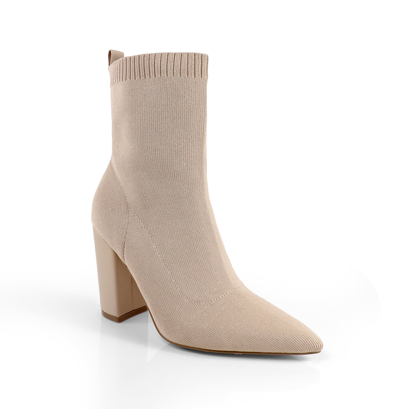 PATTY-1 POINTED TOE KNIT BOOTIE W/ STACKED HEEL BEIGE