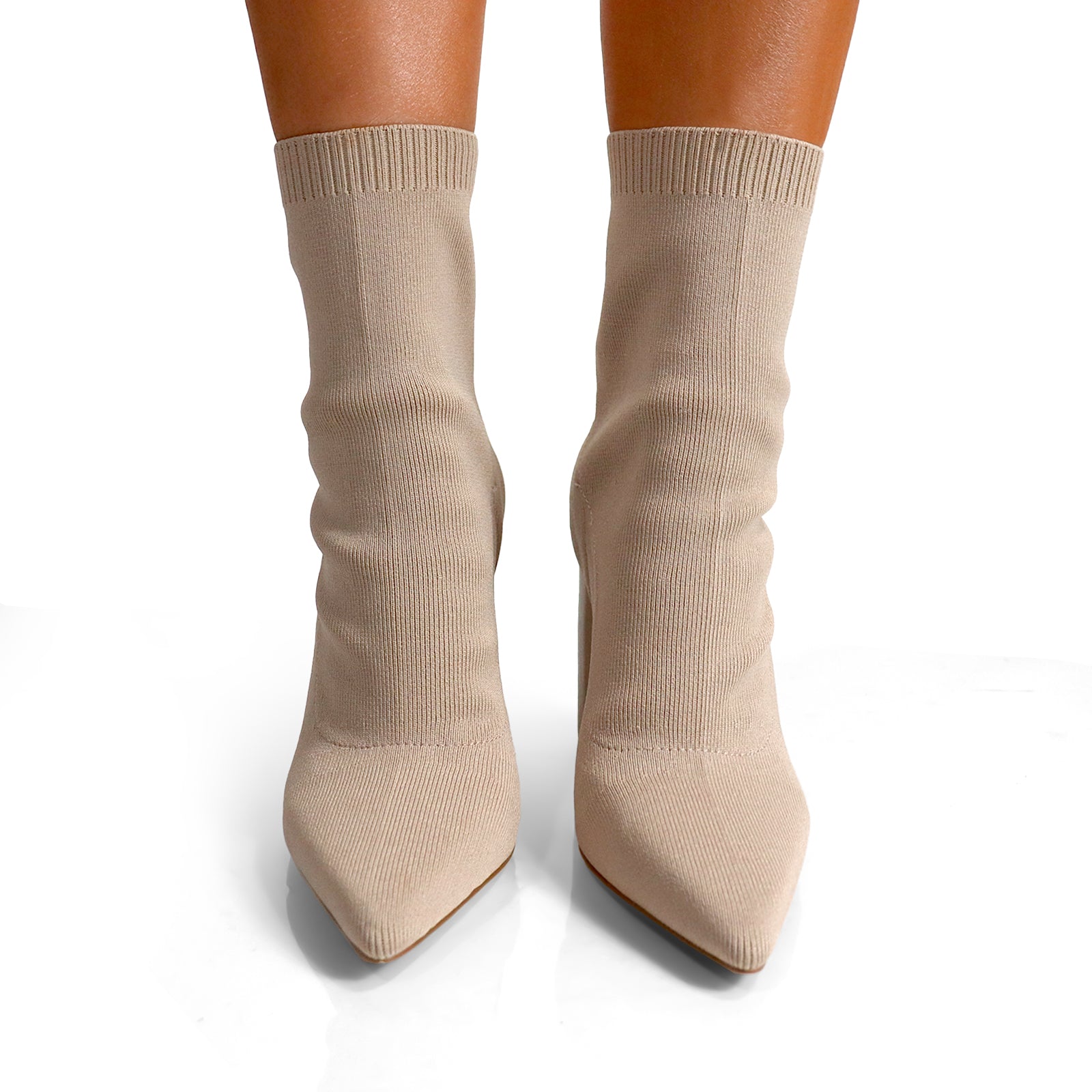 PATTY-1 POINTED TOE KNIT BOOTIE W/ STACKED HEEL BEIGE