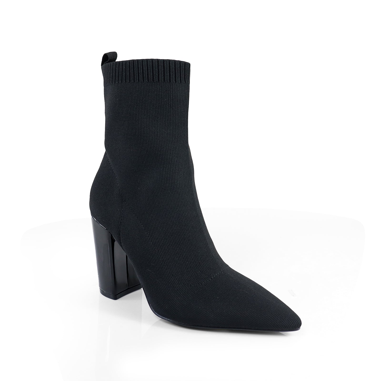 PATTY-1 POINTED TOE KNIT BOOTIE W/ STACKED HEEL BLACK
