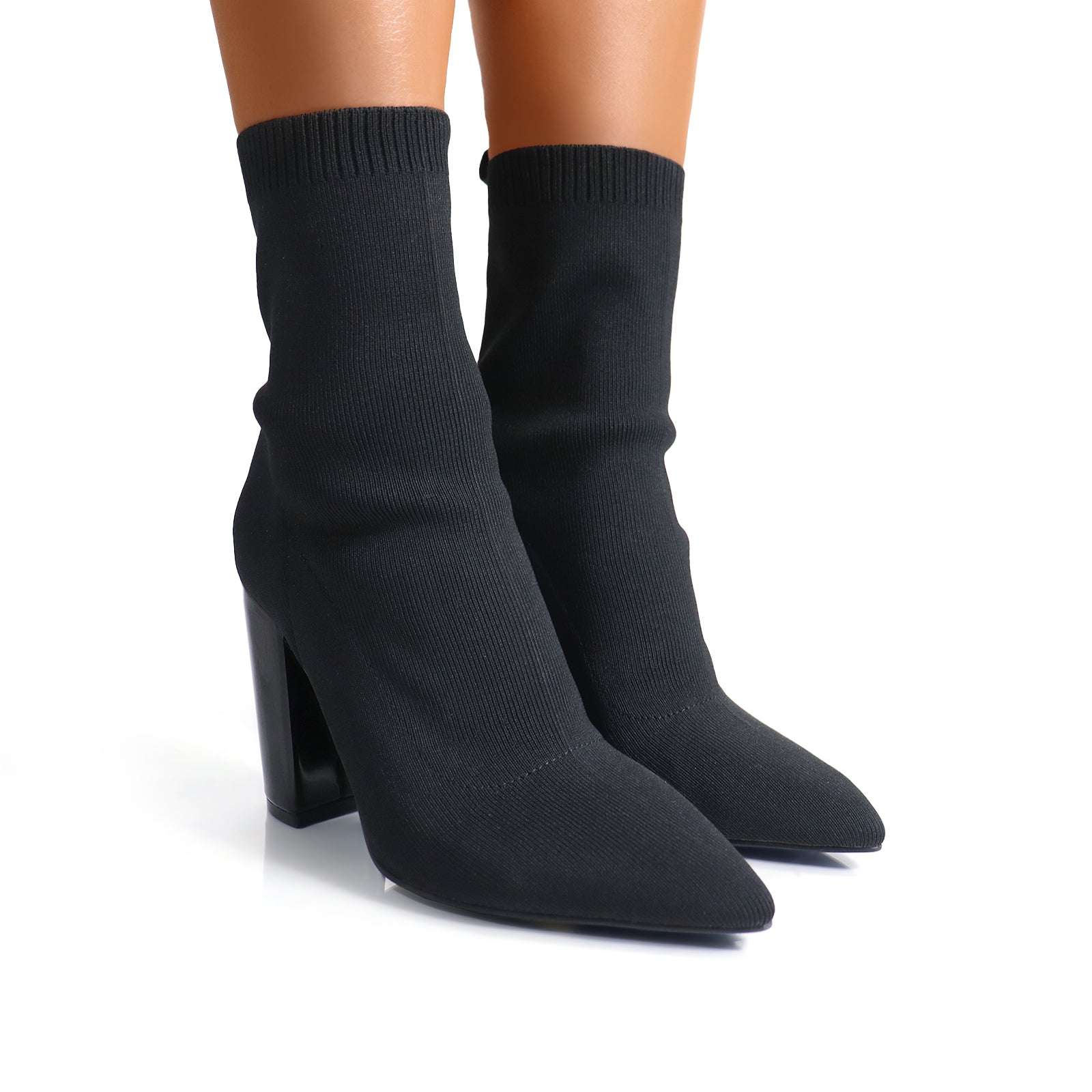 PATTY-1 POINTED TOE KNIT BOOTIE W/ STACKED HEEL BLACK