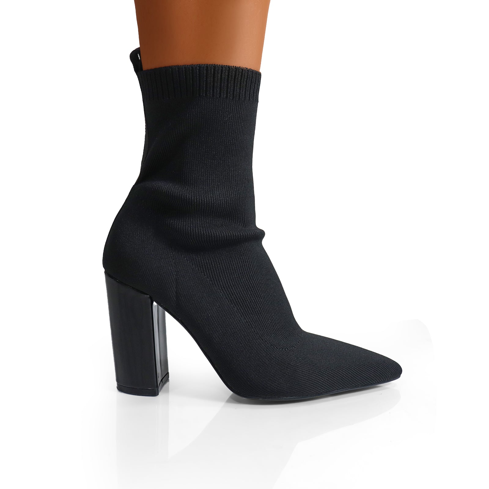 PATTY-1 POINTED TOE KNIT BOOTIE W/ STACKED HEEL BLACK