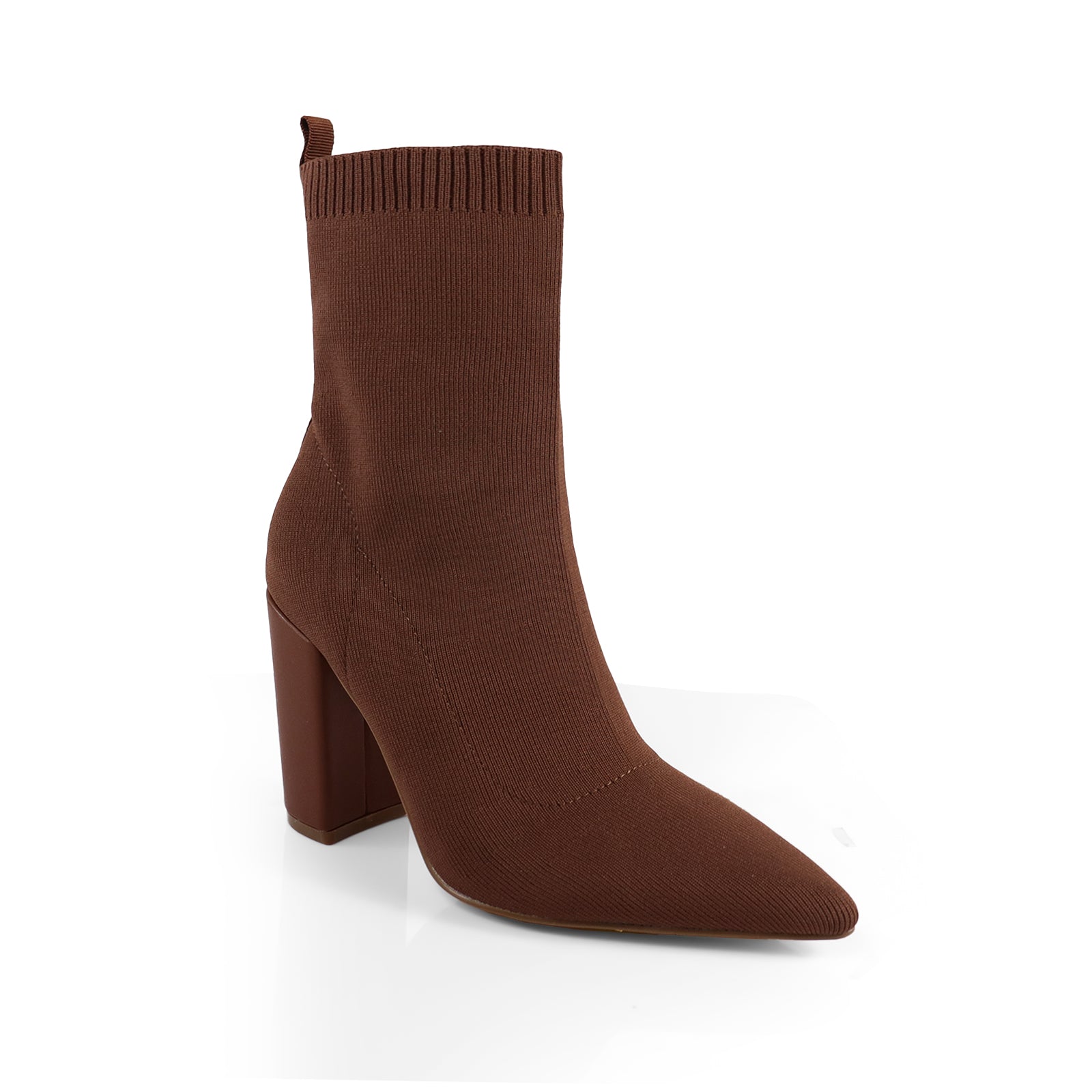 PATTY-1 POINTED TOE KNIT BOOTIE W/ STACKED HEEL CHOCOLATE