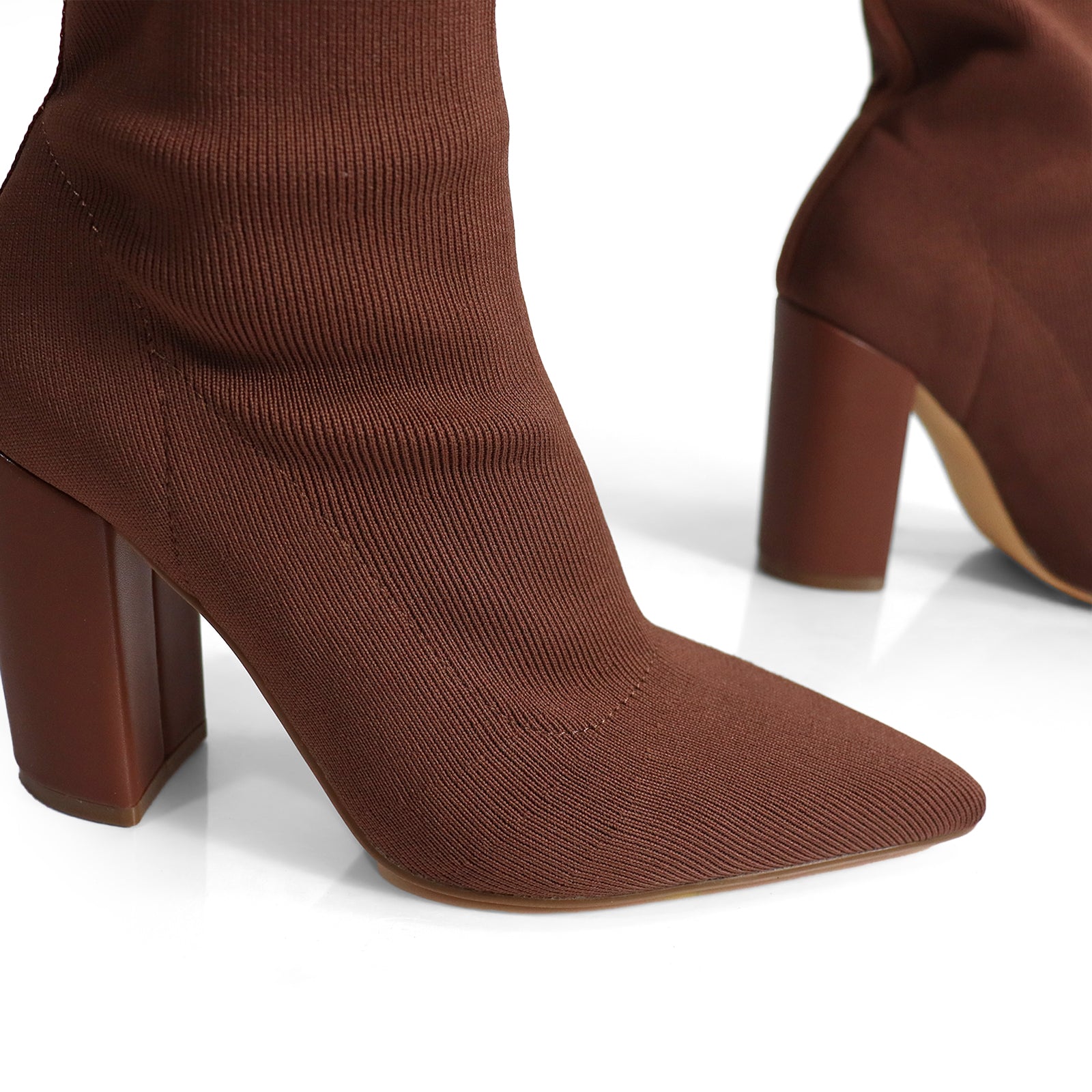 PATTY-1 POINTED TOE KNIT BOOTIE W/ STACKED HEEL CHOCOLATE