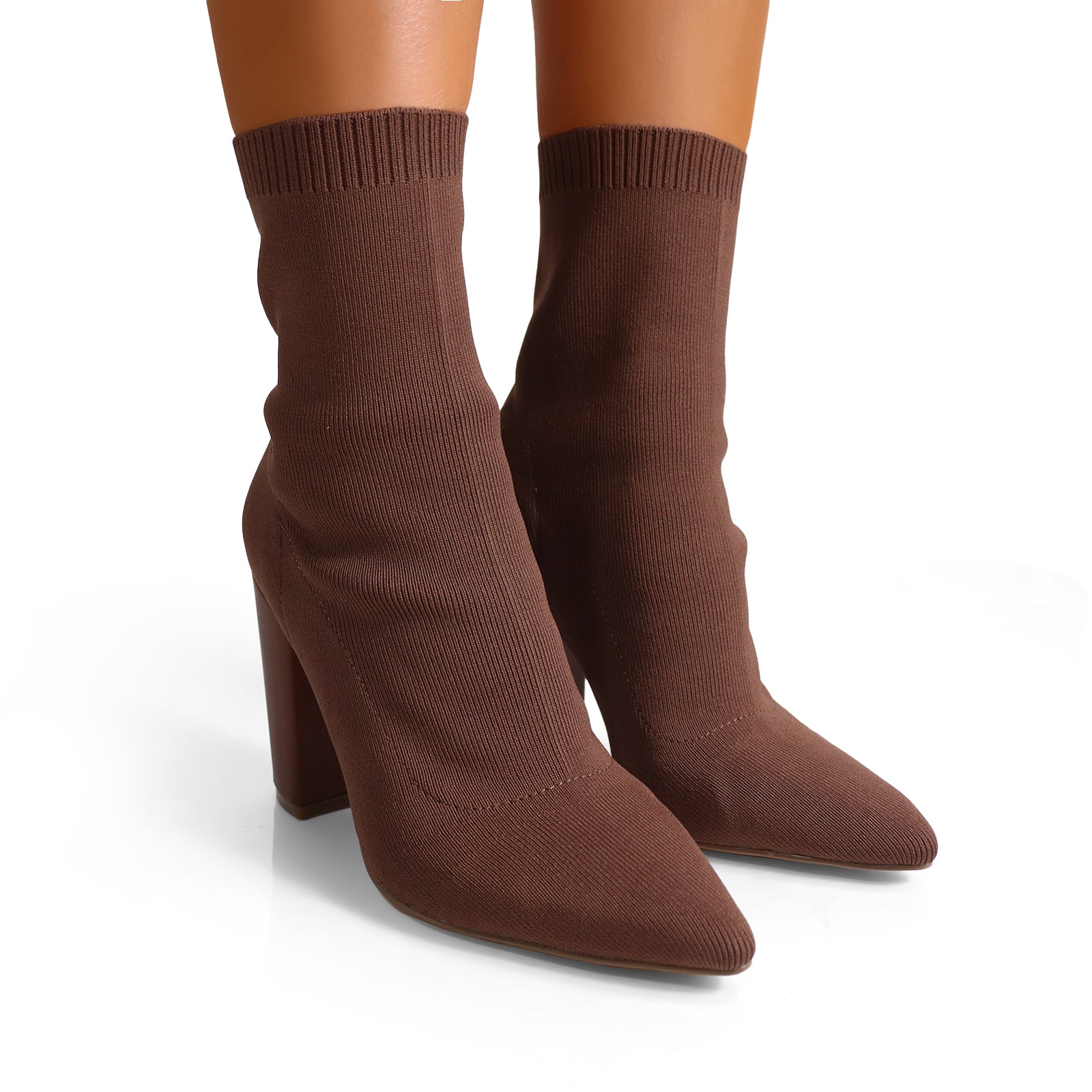 PATTY-1 POINTED TOE KNIT BOOTIE W/ STACKED HEEL CHOCOLATE