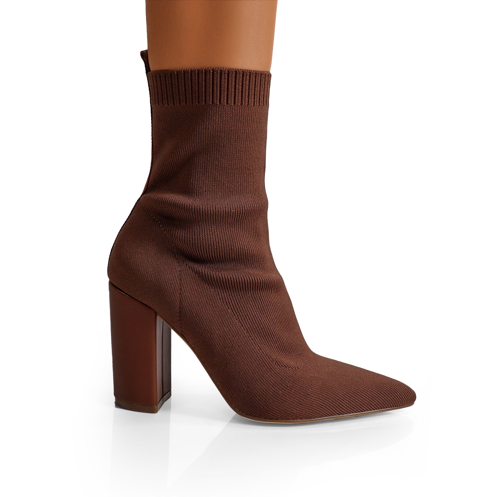 PATTY-1 POINTED TOE KNIT BOOTIE W/ STACKED HEEL CHOCOLATE