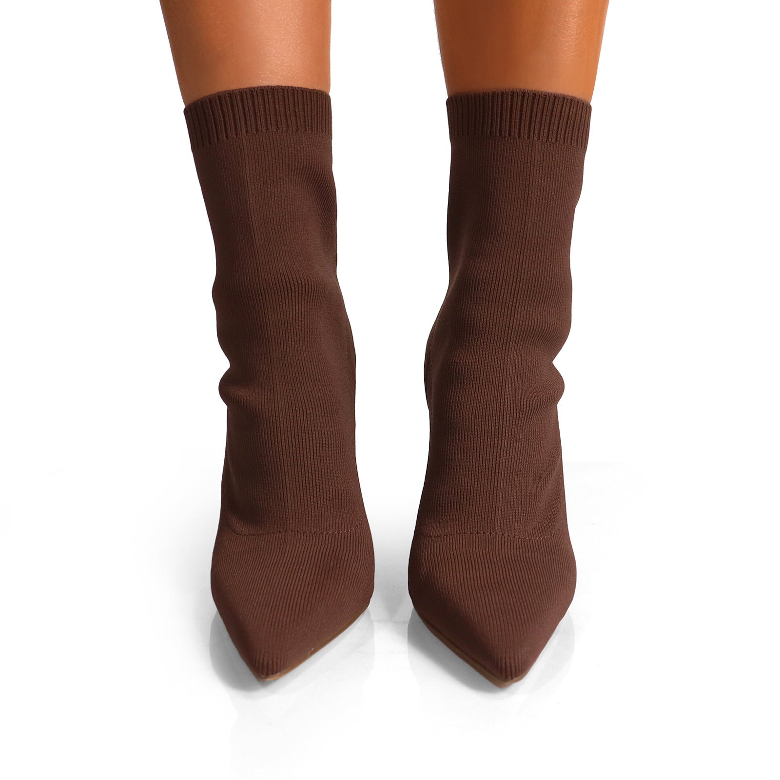 PATTY-1 POINTED TOE KNIT BOOTIE W/ STACKED HEEL CHOCOLATE