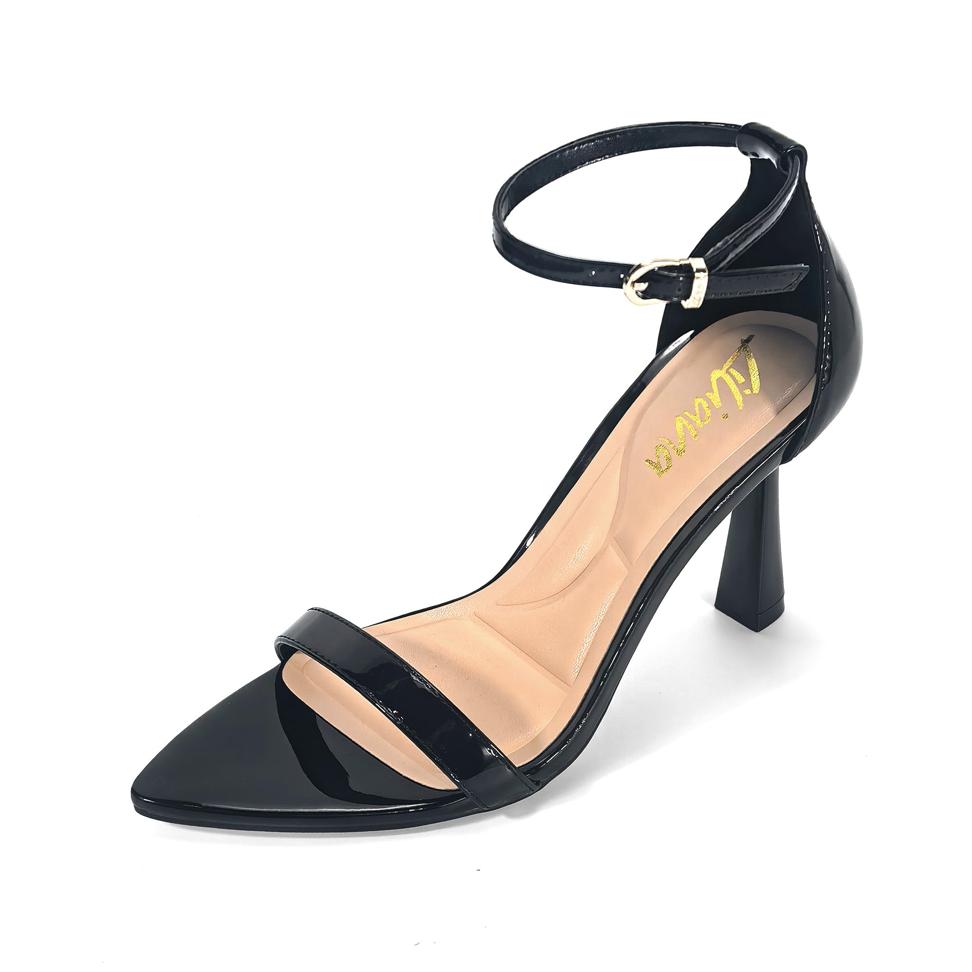 PAULINE-2 POINTED TOE ANCKLE STRAP SANDAL W/ HEEL, BLACK
