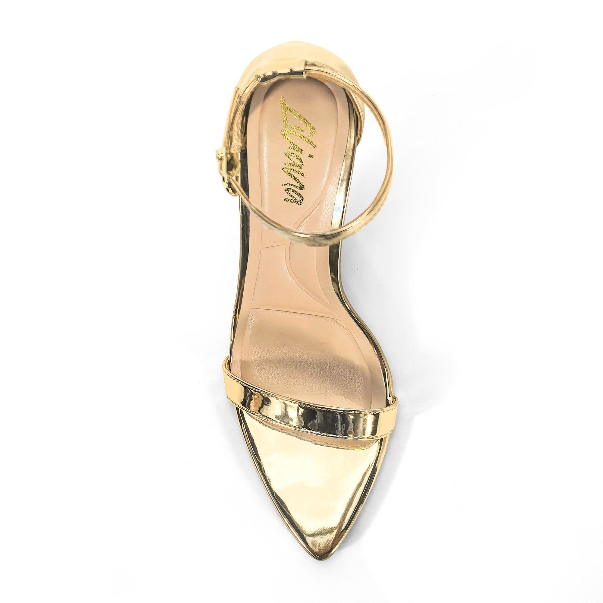 PAULINE-2 POINTED TOE ANCKLE STRAP SANDAL W/ HEEL, GOLD