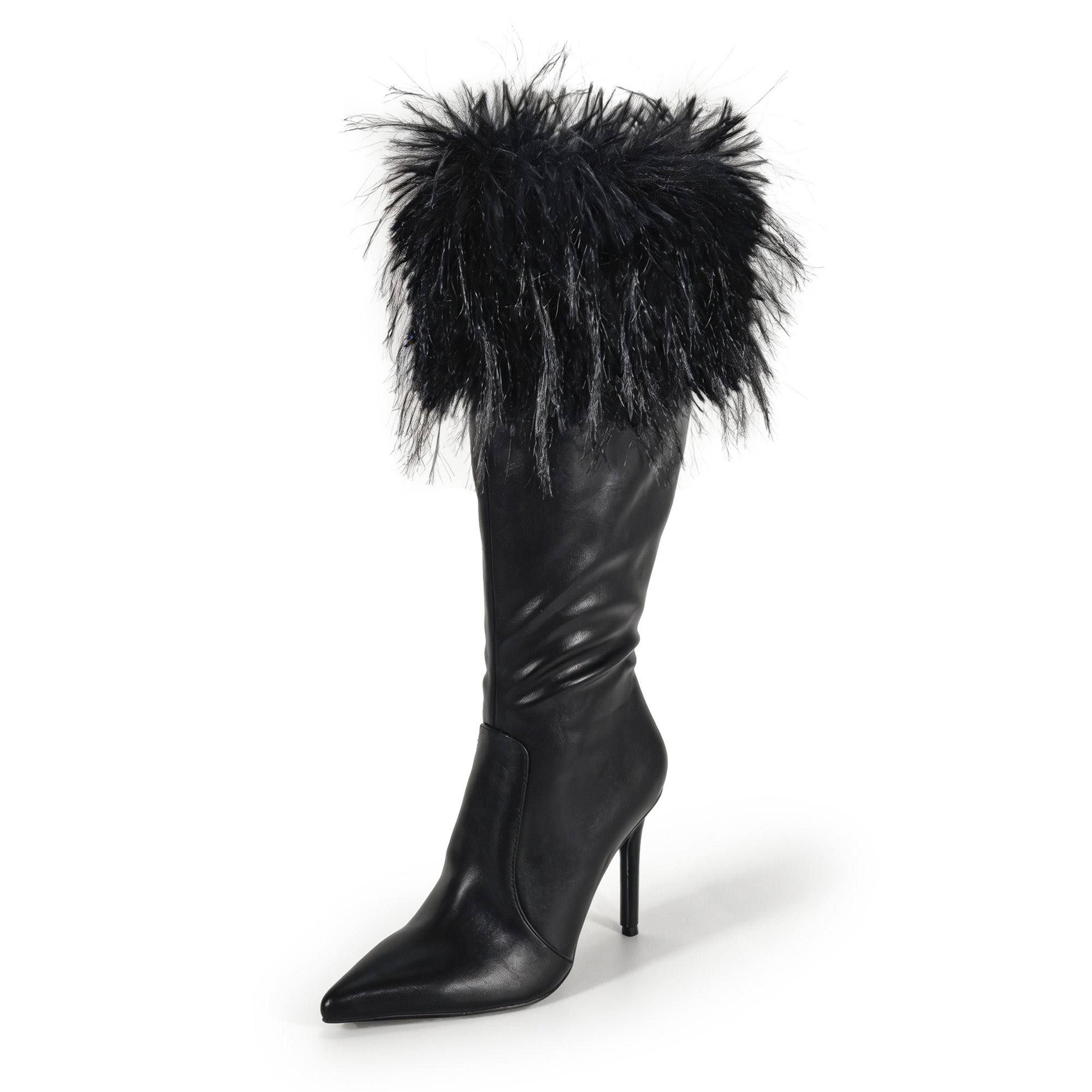 RAFAELA-1 POINTED FUR COLLAR BOOTS W/ STILETTO HEEL BLACK