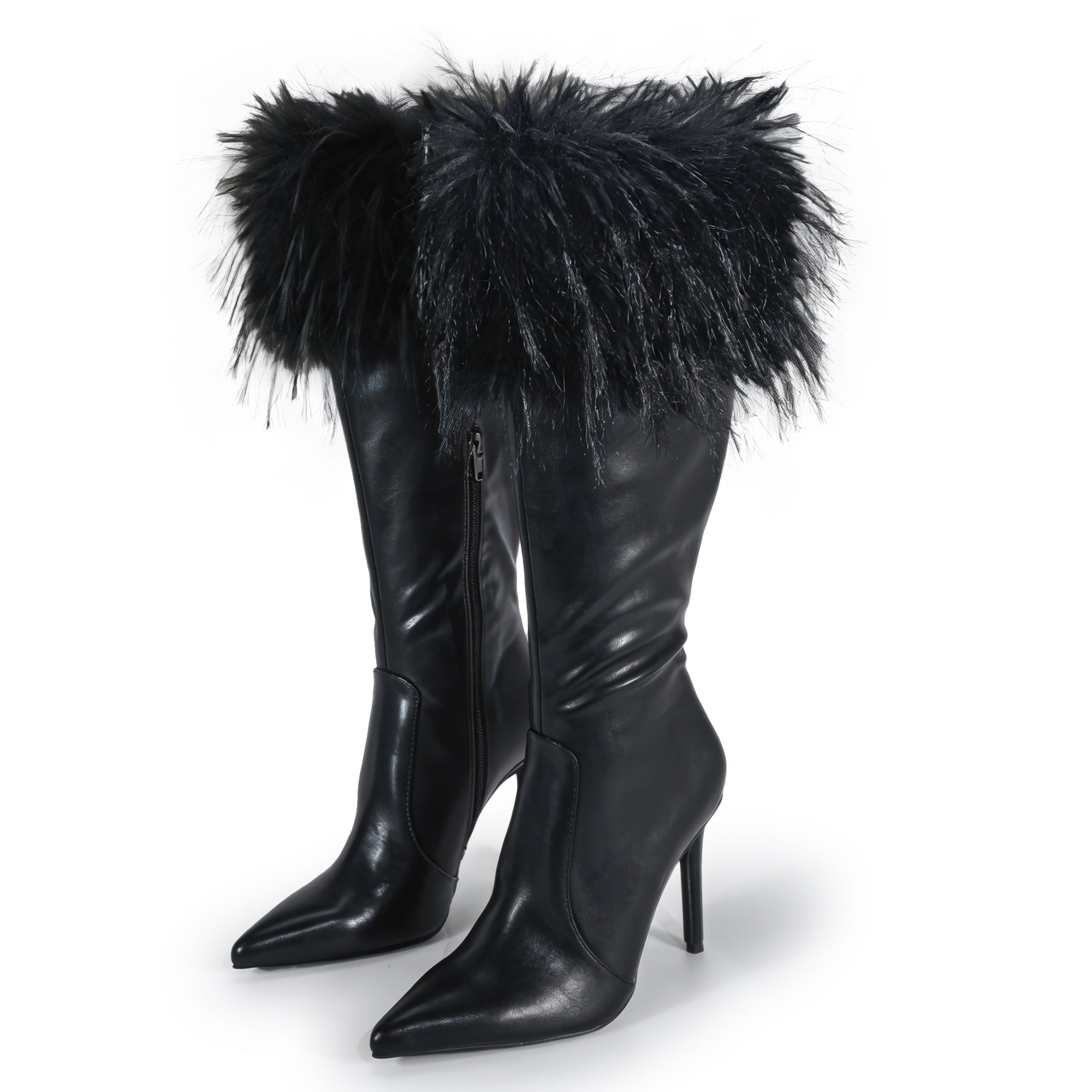 RAFAELA-1 POINTED FUR COLLAR BOOTS W/ STILETTO HEEL BLACK