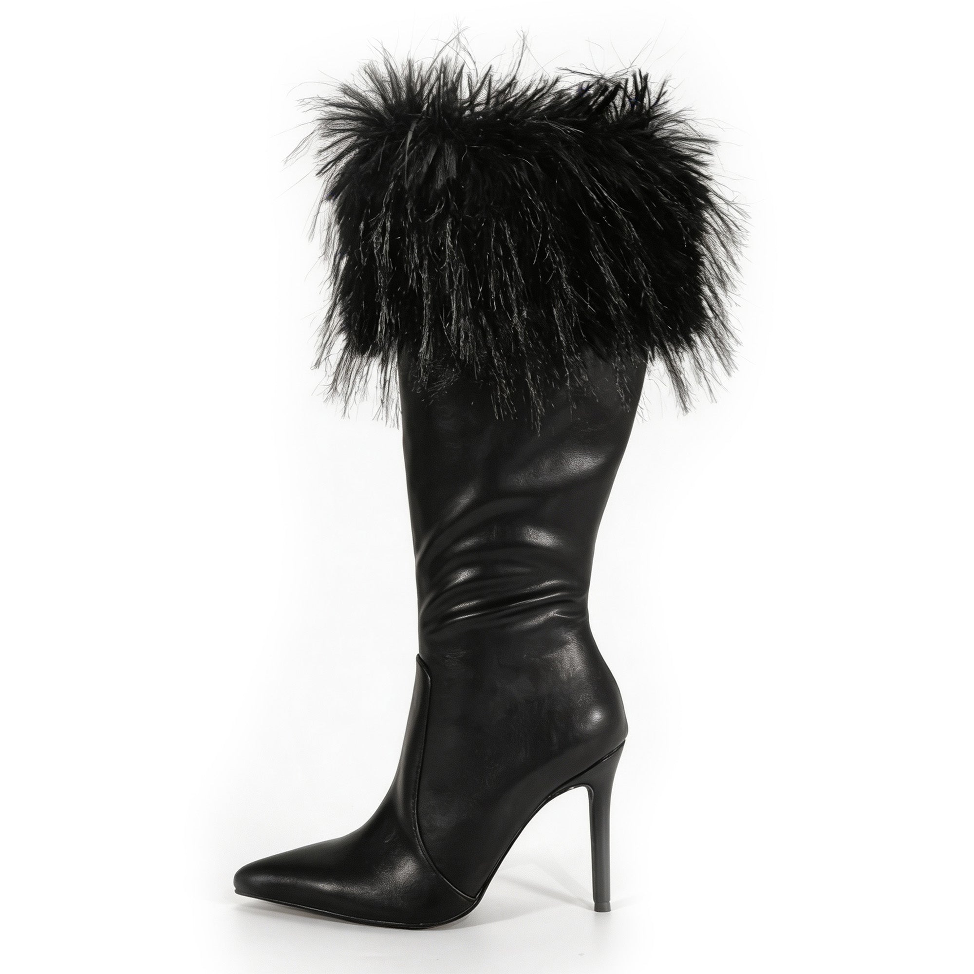 RAFAELA-1 POINTED FUR COLLAR BOOTS W/ STILETTO HEEL BLACK