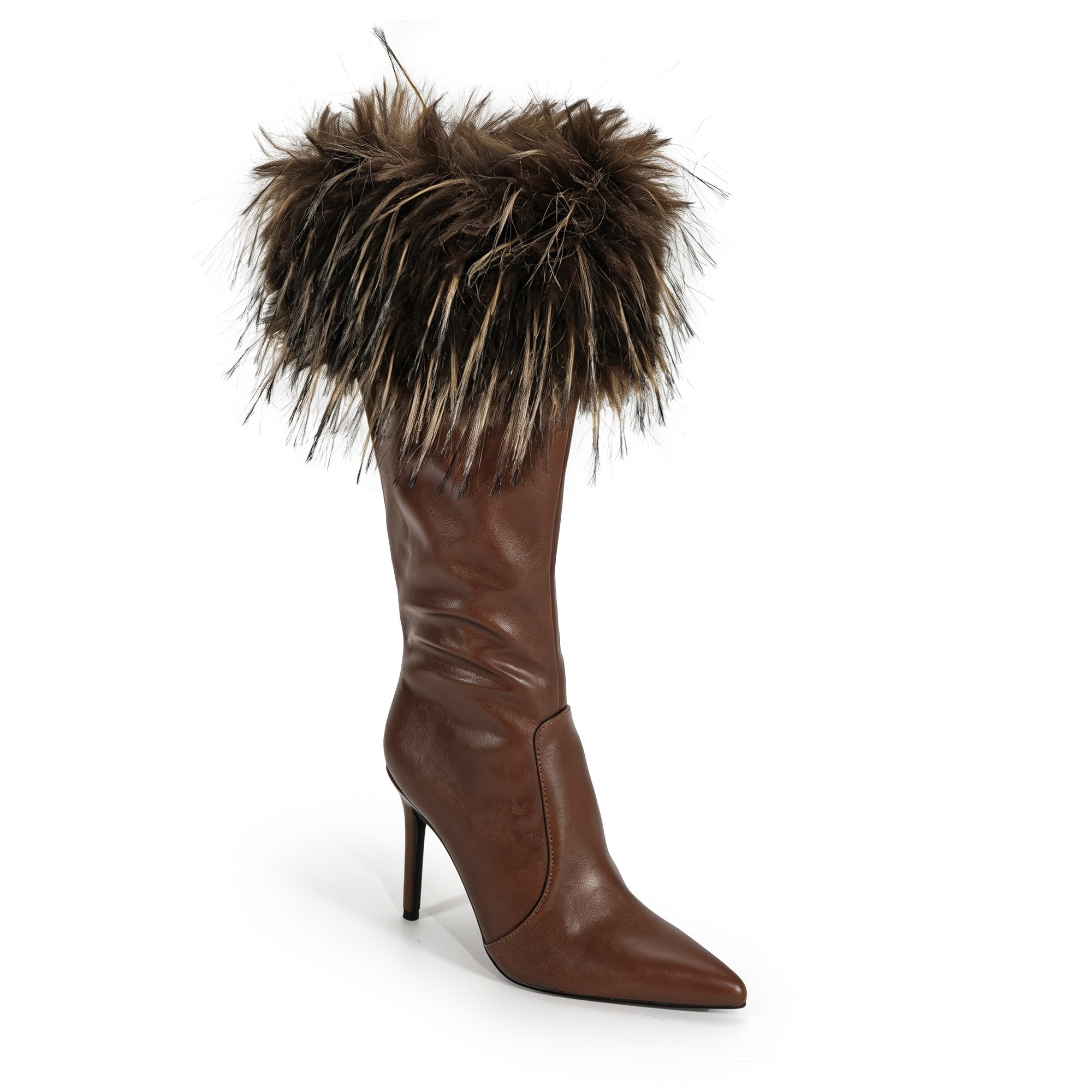 RAFAELA-1 POINTED FUR COLLAR BOOTS W/ STILETTO HEEL TAN