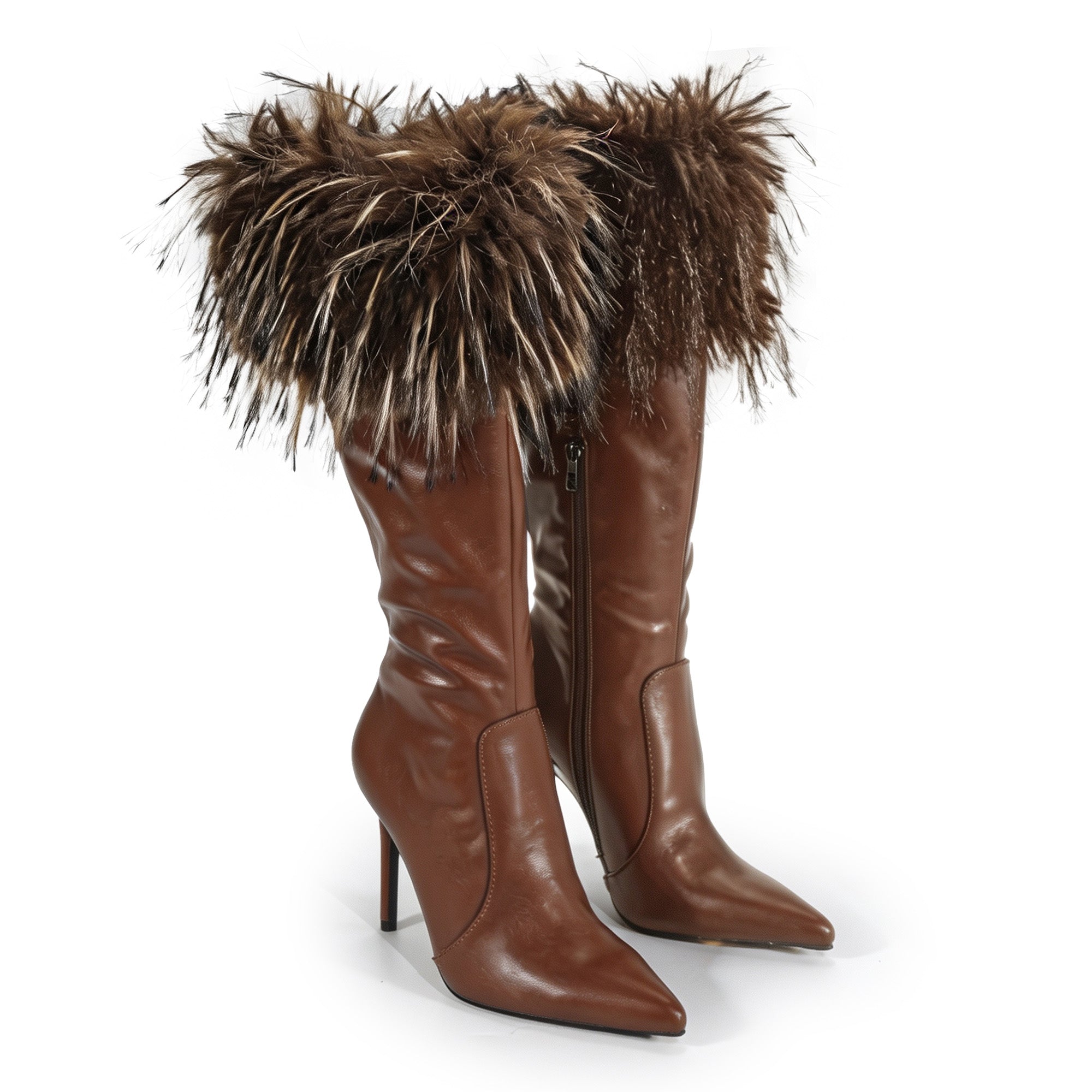 RAFAELA-1 POINTED FUR COLLAR BOOTS W/ STILETTO HEEL TAN