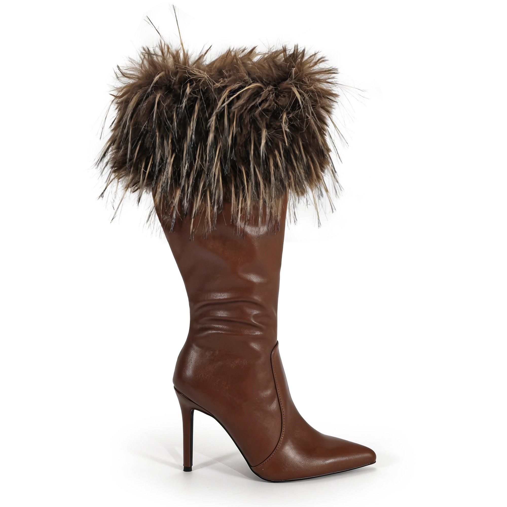 RAFAELA-1 POINTED FUR COLLAR BOOTS W/ STILETTO HEEL TAN