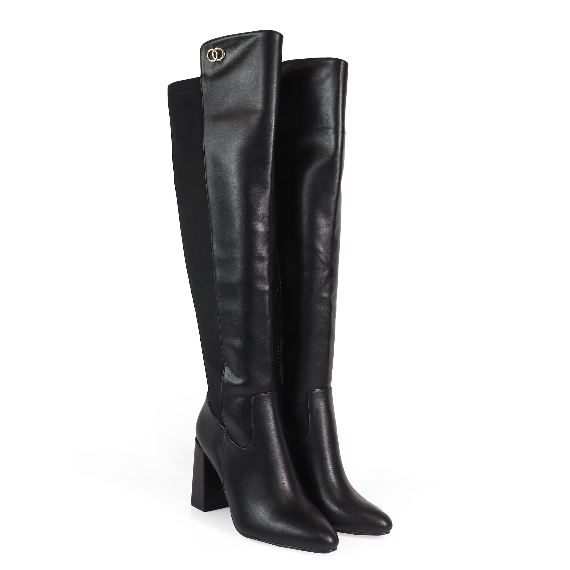 RAYE-1 KNEE HIGH STRETCHY BOOTS W/ BLOCK HEEL BLACK PU