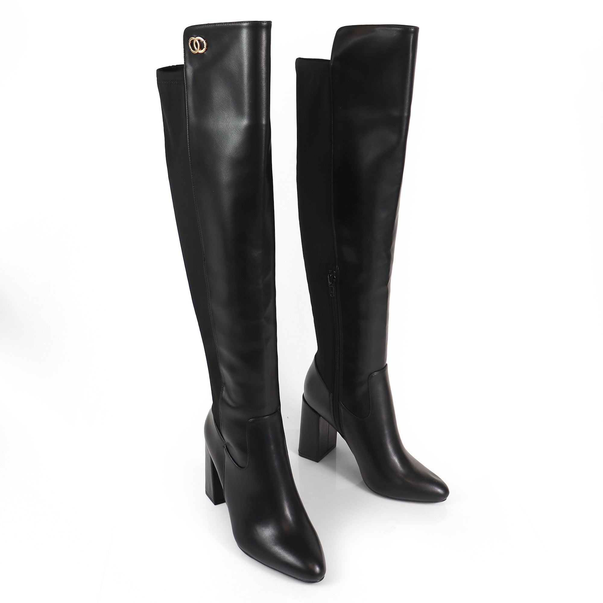 RAYE-1 KNEE HIGH STRETCHY BOOTS W/ BLOCK HEEL BLACK PU