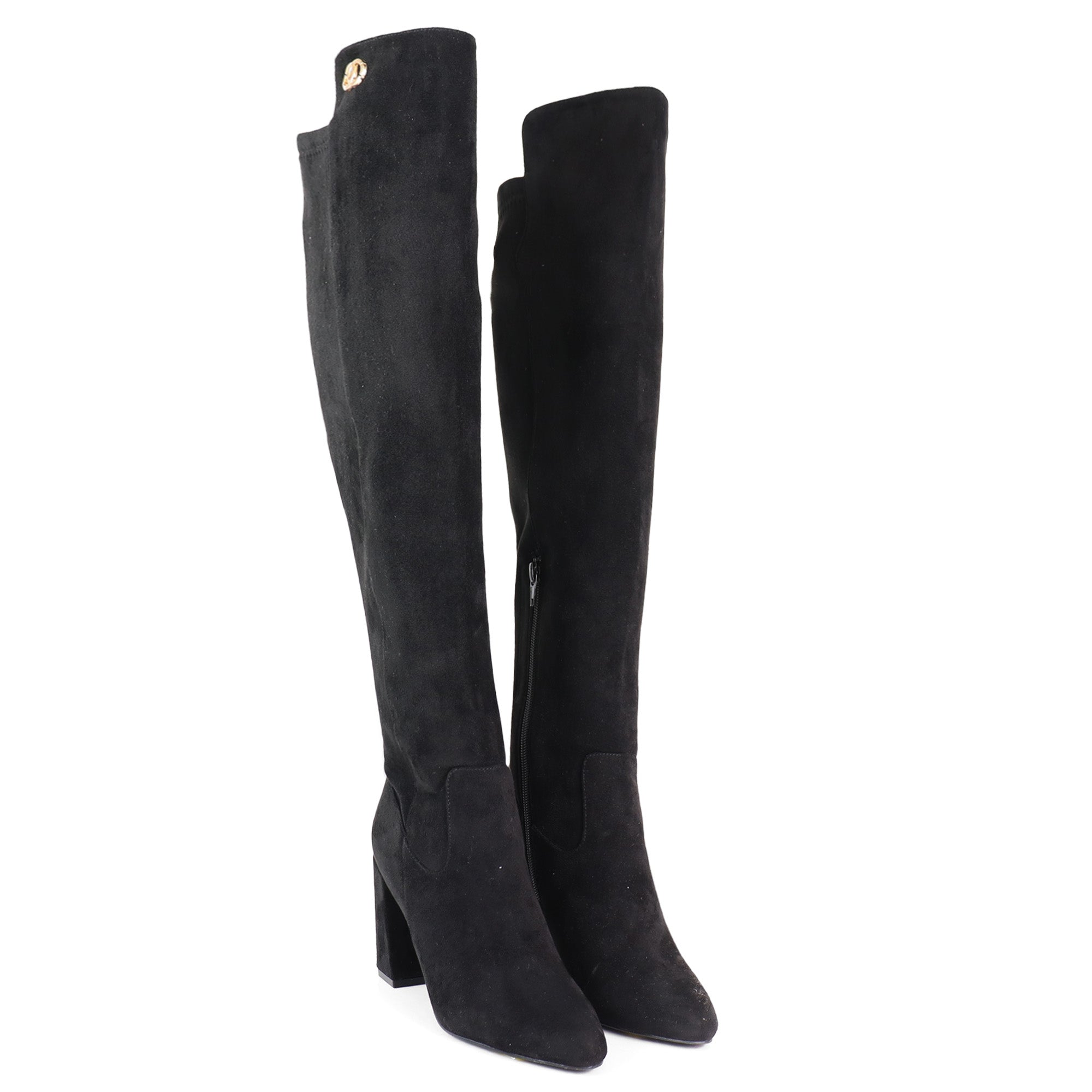 RAYE-1 KNEE HIGH STRETCHY BOOTS W/ BLOCK HEEL BLACK SUEDE