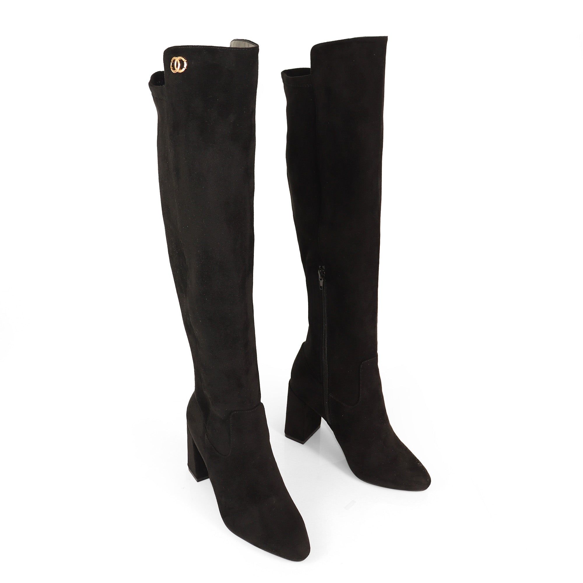 RAYE-1 KNEE HIGH STRETCHY BOOTS W/ BLOCK HEEL BLACK SUEDE