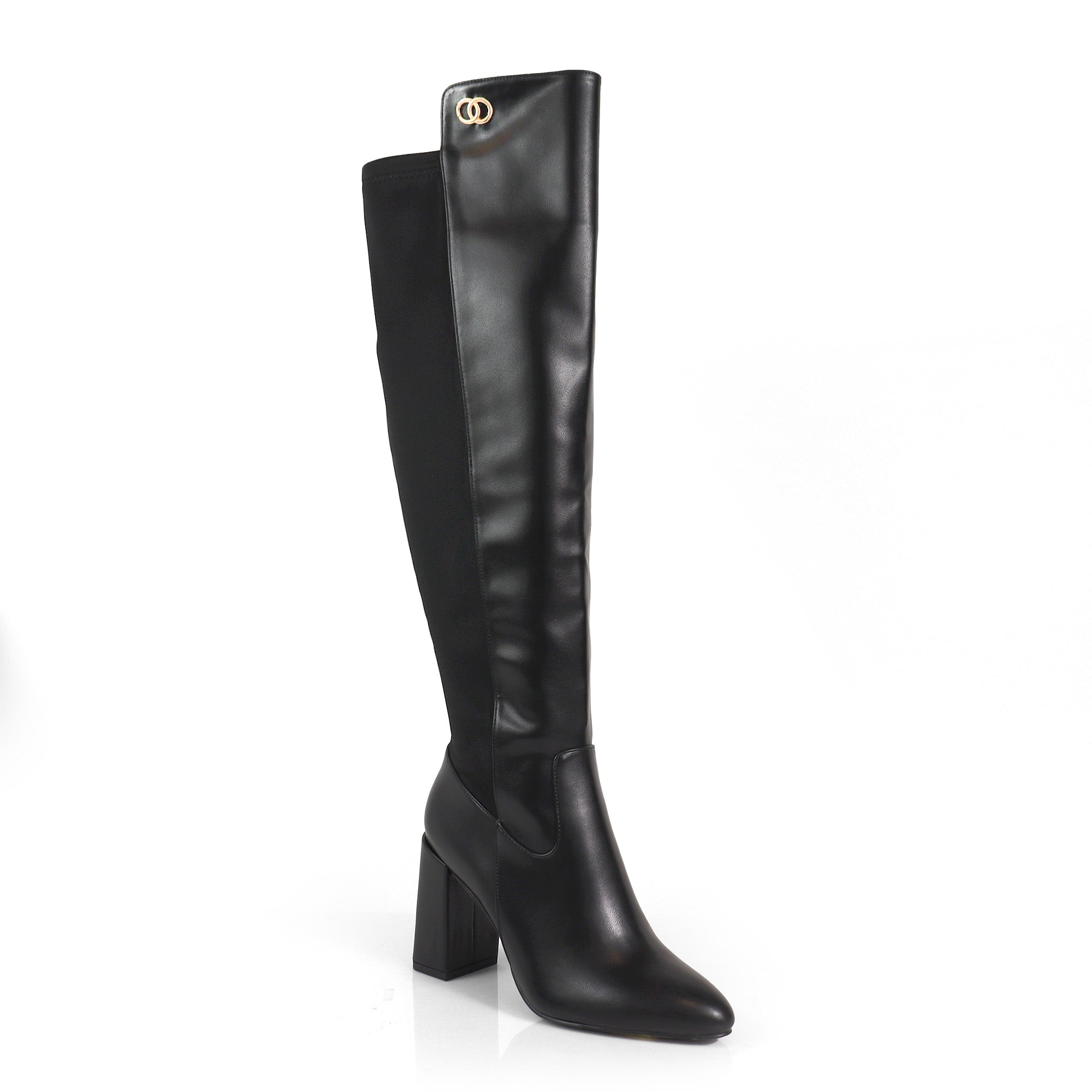 RAYE-1 KNEE HIGH STRETCHY BOOTS W/ BLOCK HEEL BLACK PU