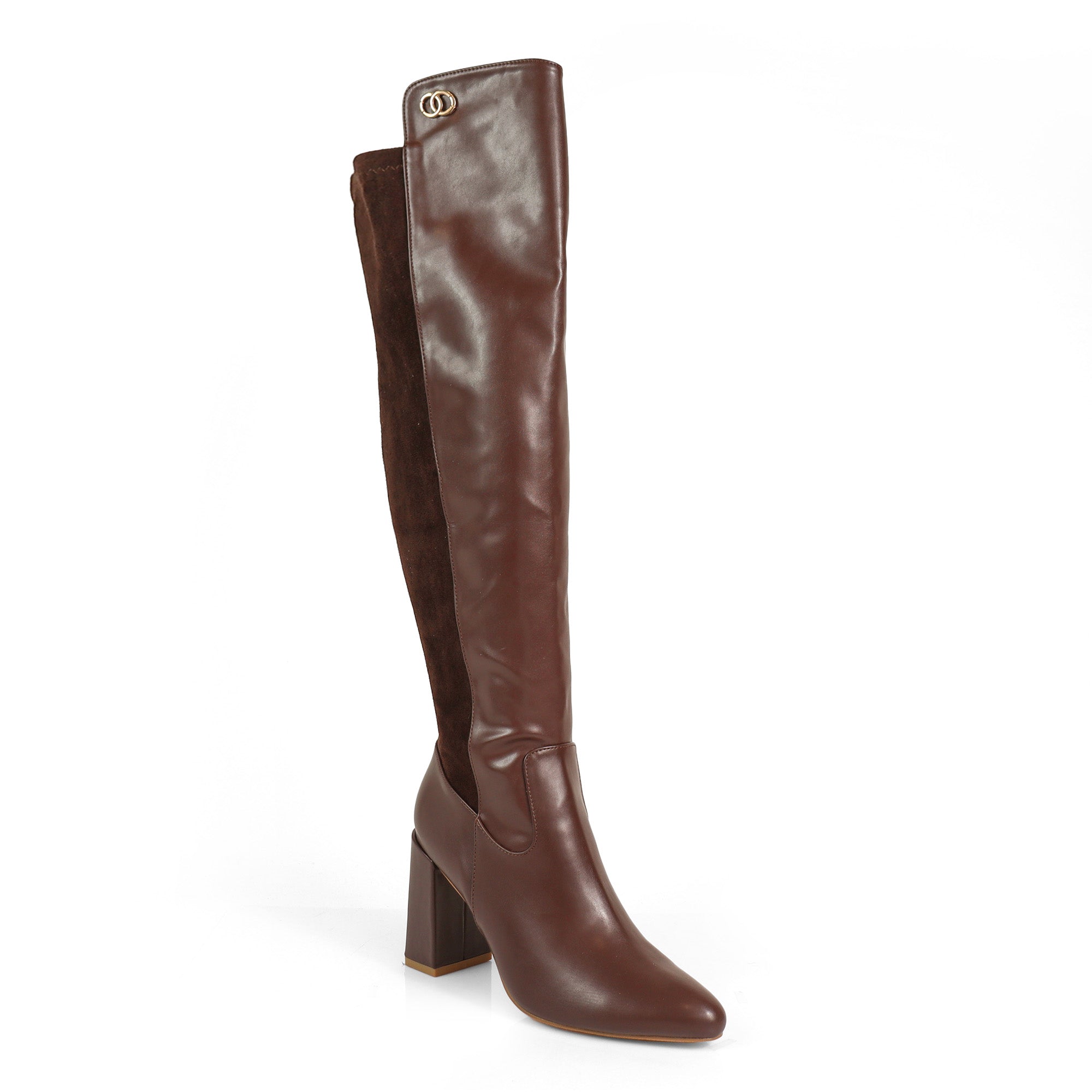 RAYE-1 KNEE HIGH STRETCHY BOOTS W/ BLOCK HEEL BROWN
