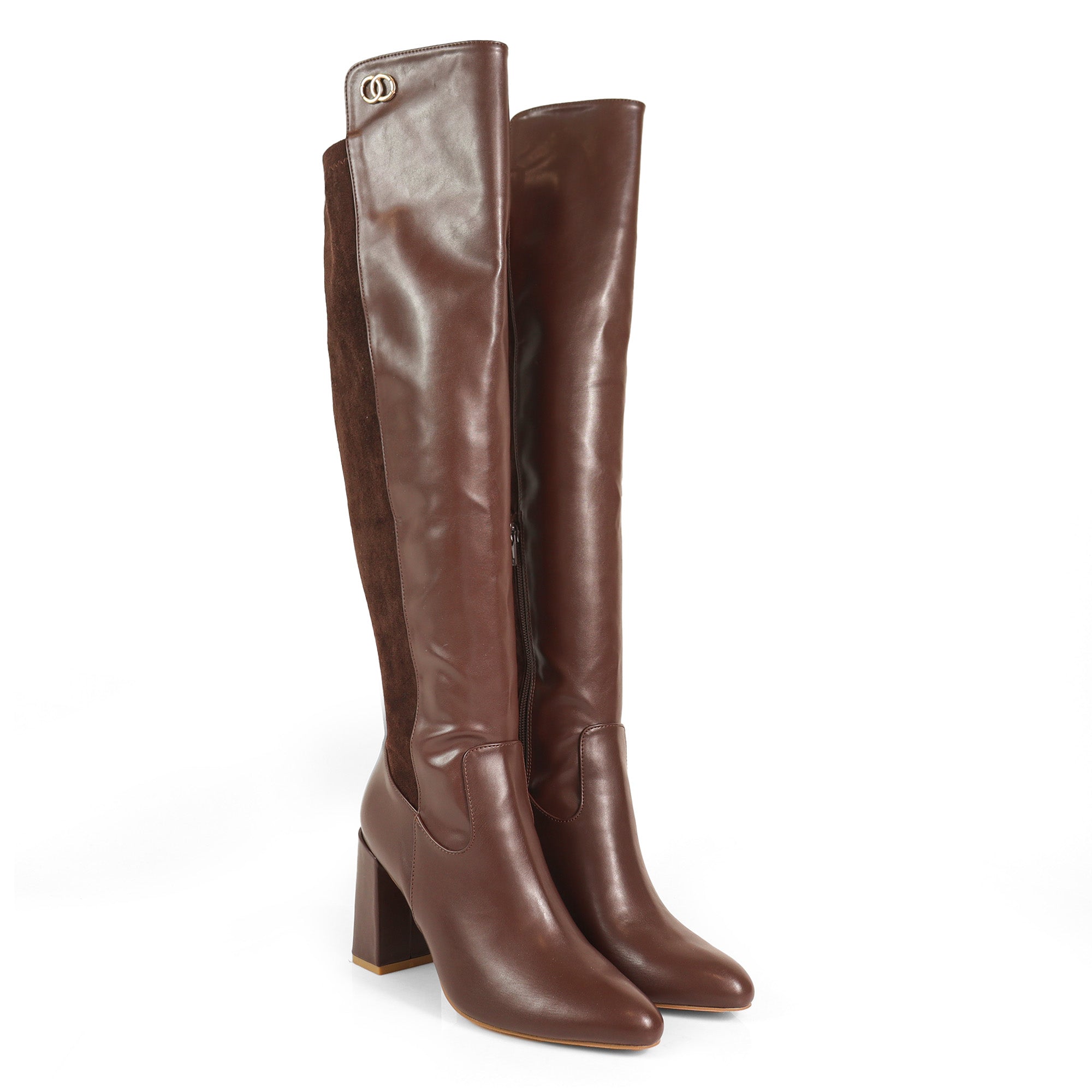RAYE-1 KNEE HIGH STRETCHY BOOTS W/ BLOCK HEEL BROWN