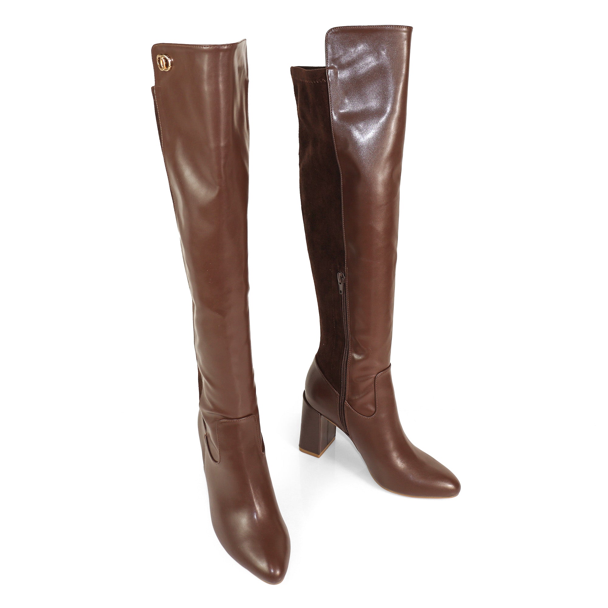 RAYE-1 KNEE HIGH STRETCHY BOOTS W/ BLOCK HEEL BROWN