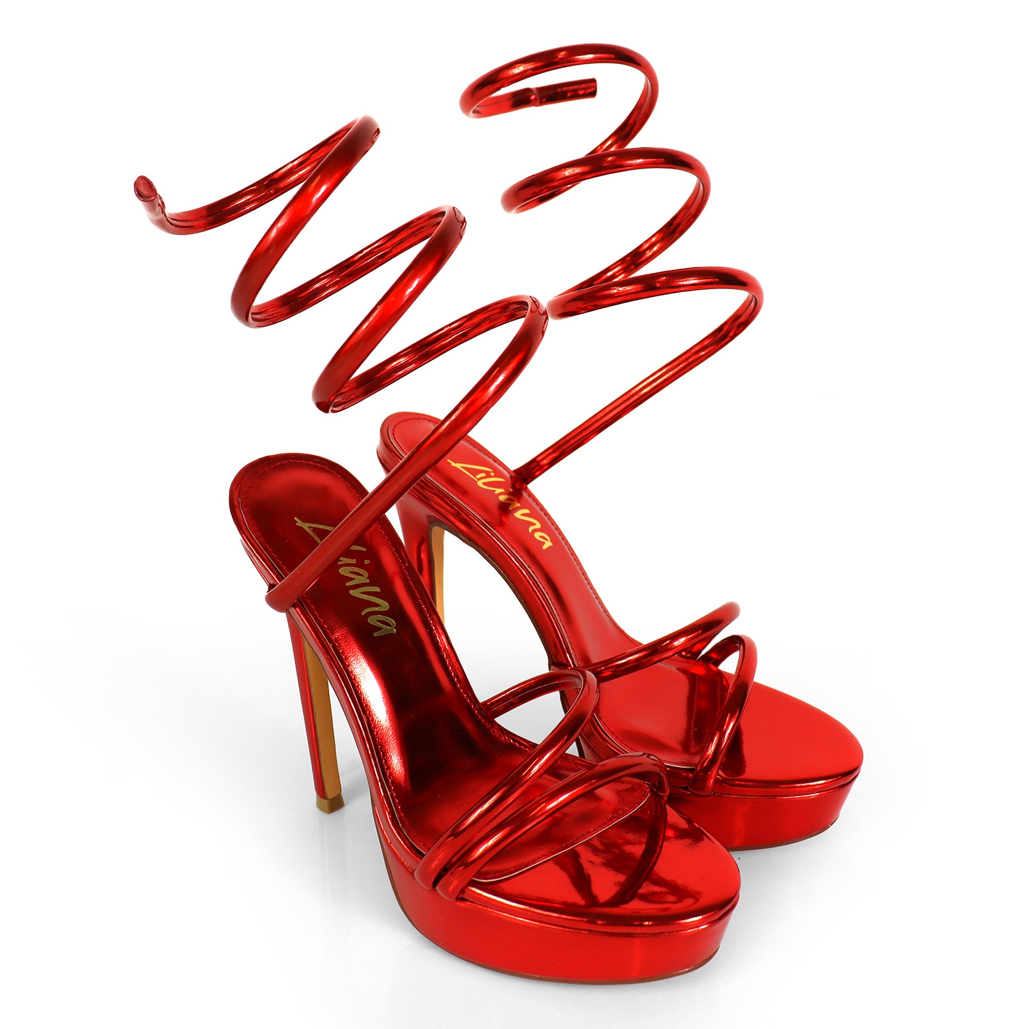 REMEO-1 PLATFORM SPIRAL SANDALS W/ STILETTO HEEL RED METALLIC