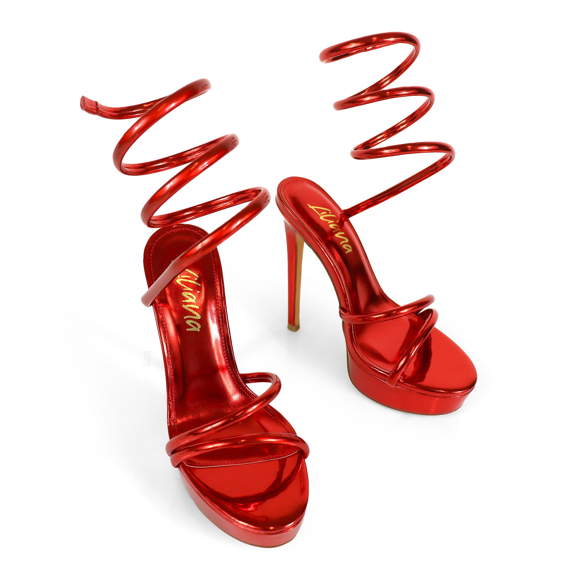 REMEO-1 PLATFORM SPIRAL SANDALS W/ STILETTO HEEL RED METALLIC
