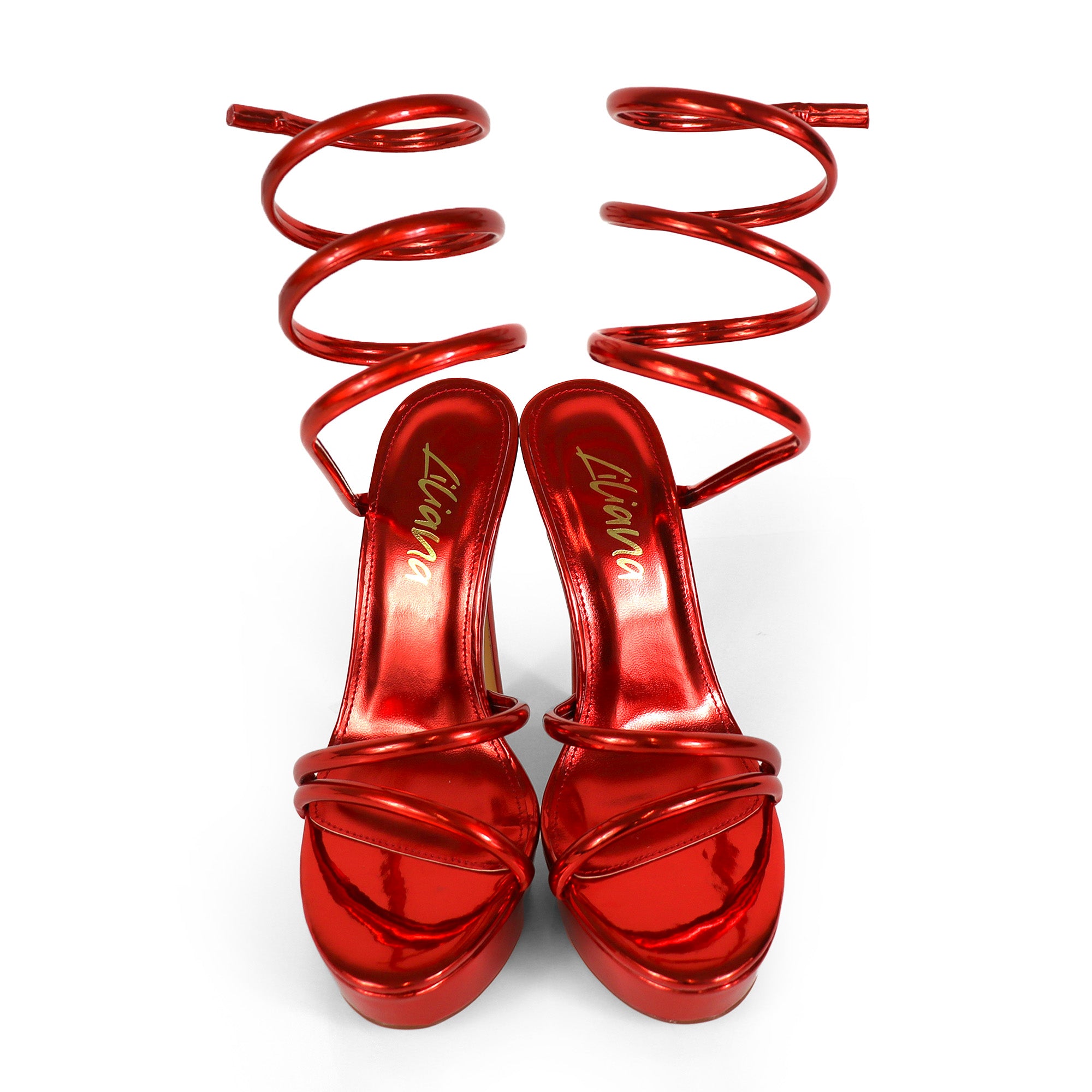 REMEO-1 PLATFORM SPIRAL SANDALS W/ STILETTO HEEL RED METALLIC