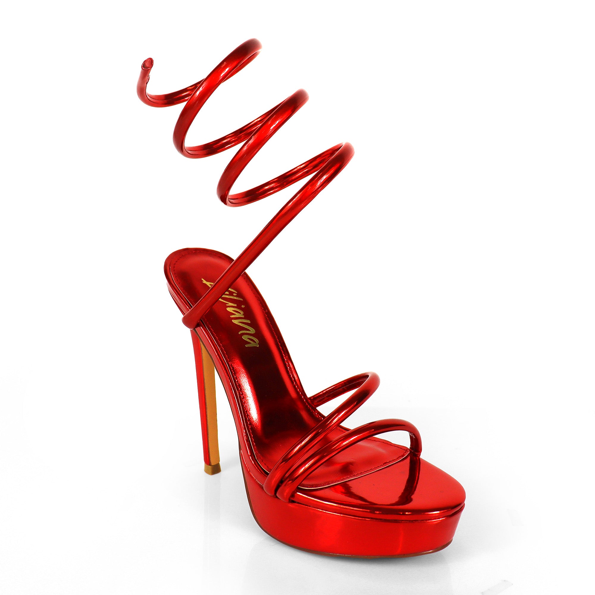 REMEO-1 PLATFORM SPIRAL SANDALS W/ STILETTO HEEL RED METALLIC
