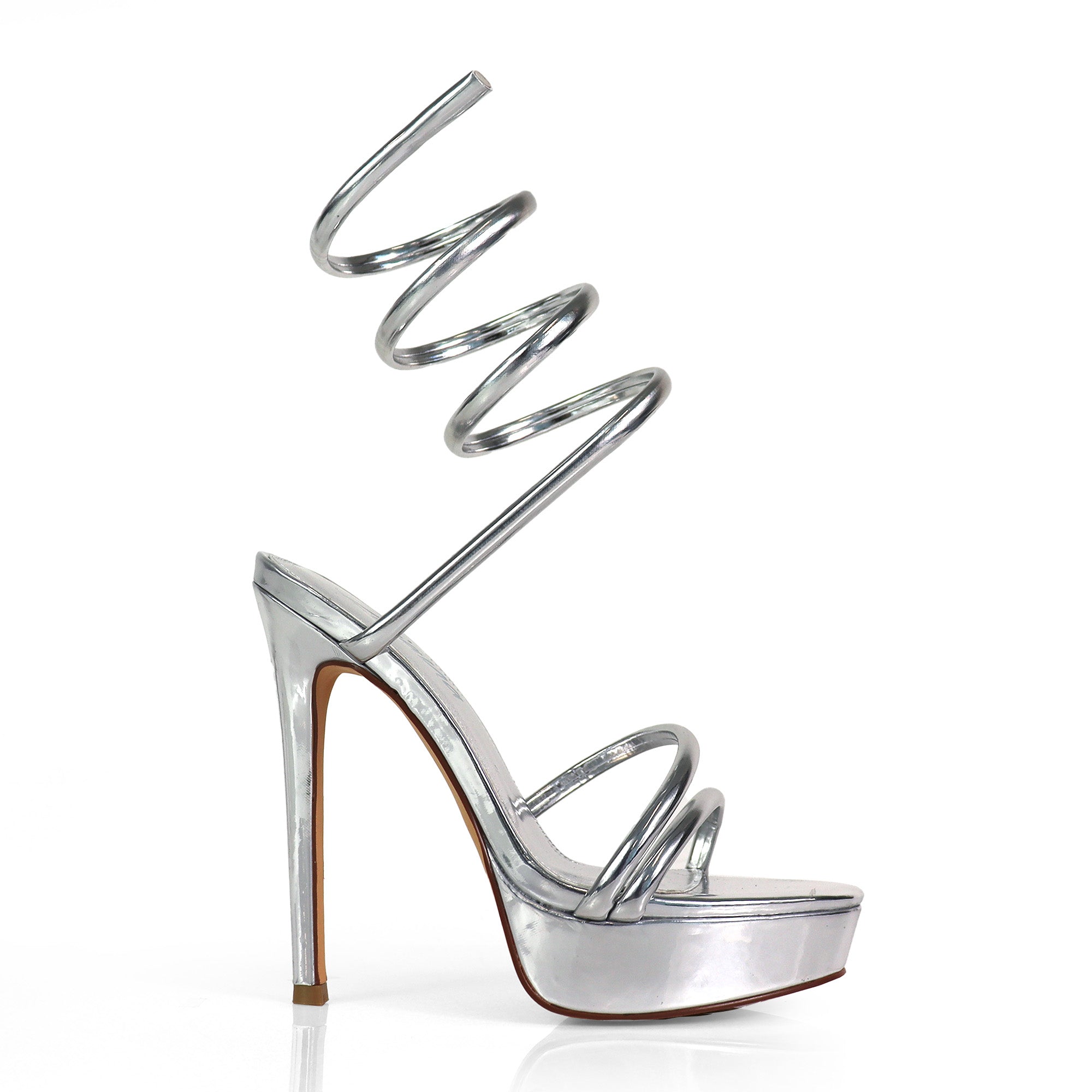 REMEO-1 PLATFORM SPIRAL SANDALS W/ STILETTO HEEL SILVER