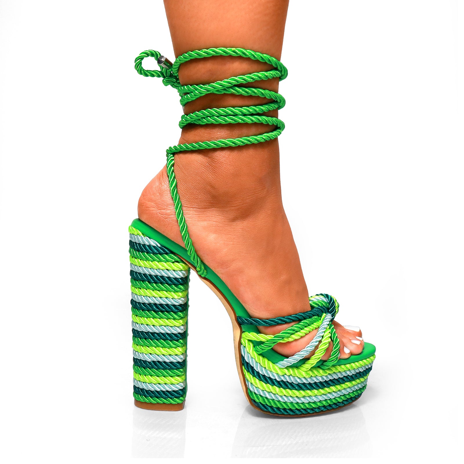 RENEE-1 MULTIPLE ROPE KNOT W/ CHUNKY ROPE HEELS GREEN MULTIPLE