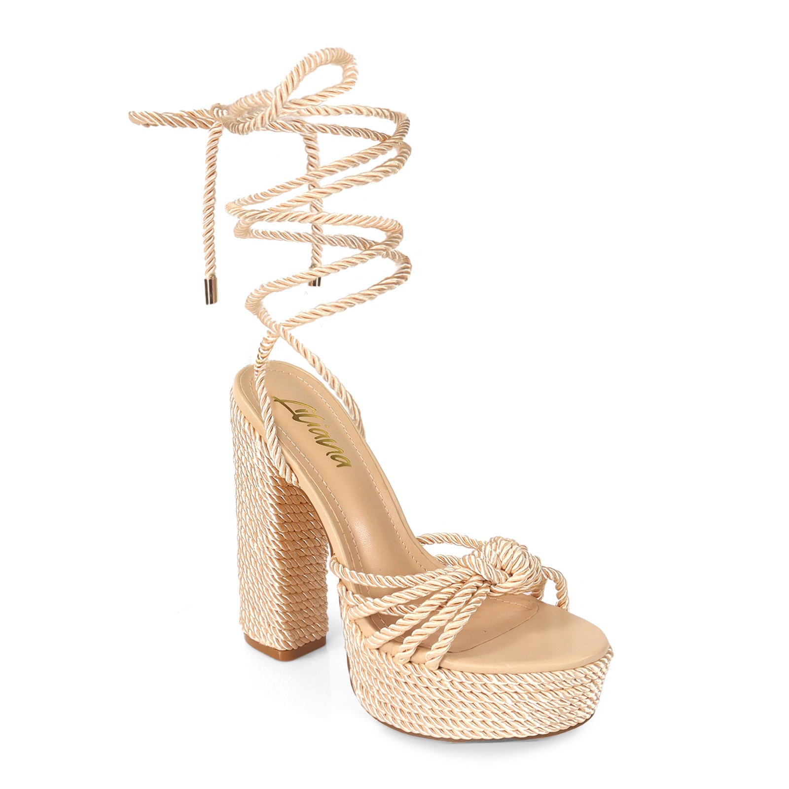 RENEE-1 MULTIPLE ROPE KNOT W/ CHUNKY ROPE HEELS GREEN NUDE