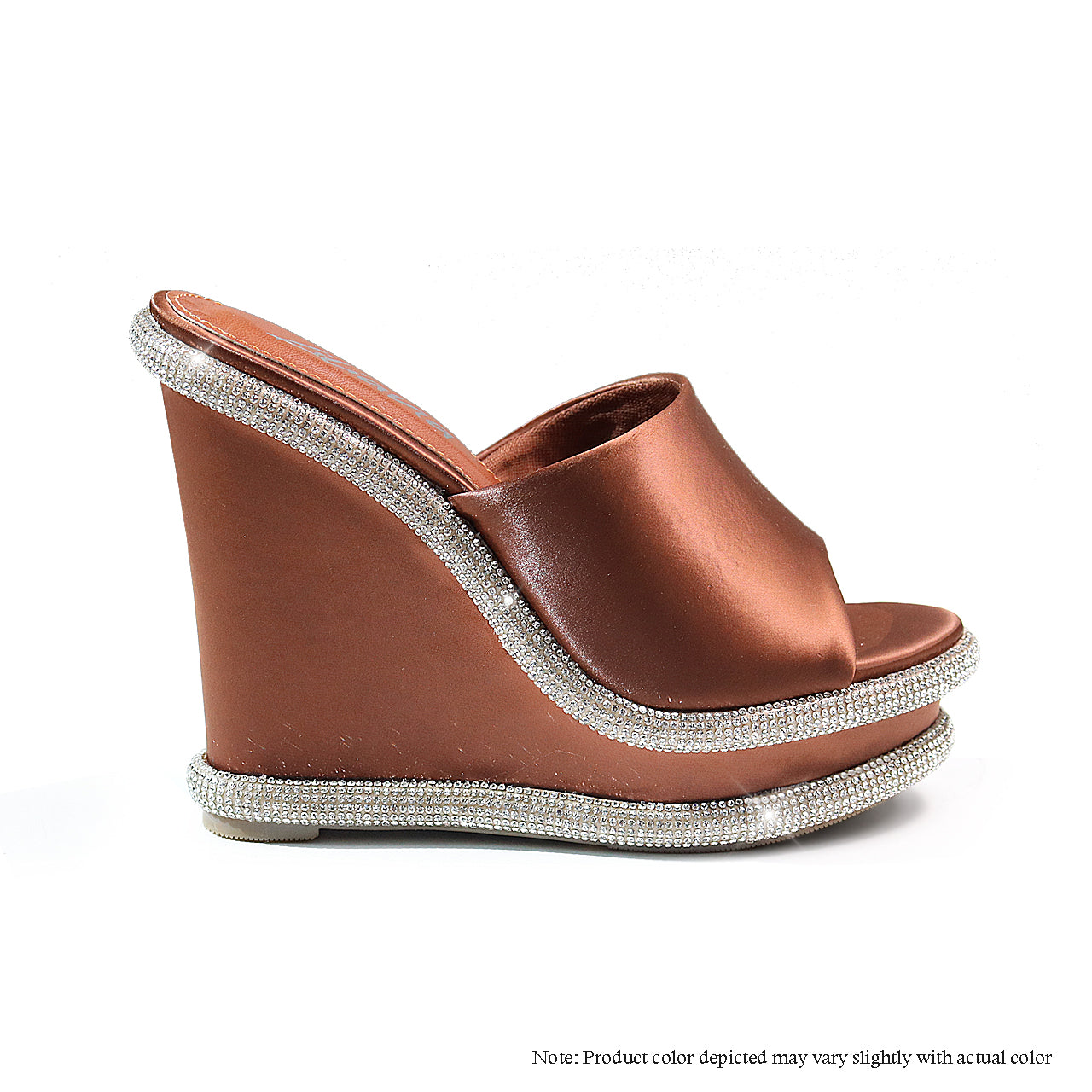 RHONA-47 PEEP TOE MULE WEDGE W/ TUBULAR RHINESTONE TRIMS DETAIL BROWN