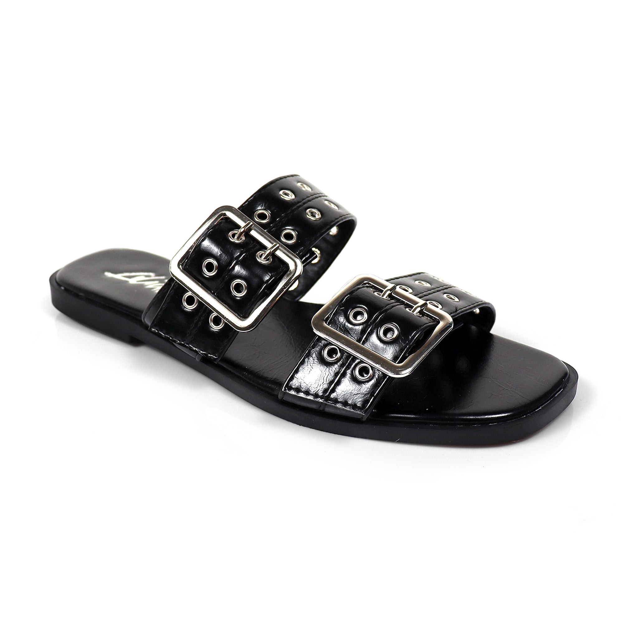 ROBIN-3 DUO STRAP BUCKLE SLIDE SANDAL W/ EYELET BLACK