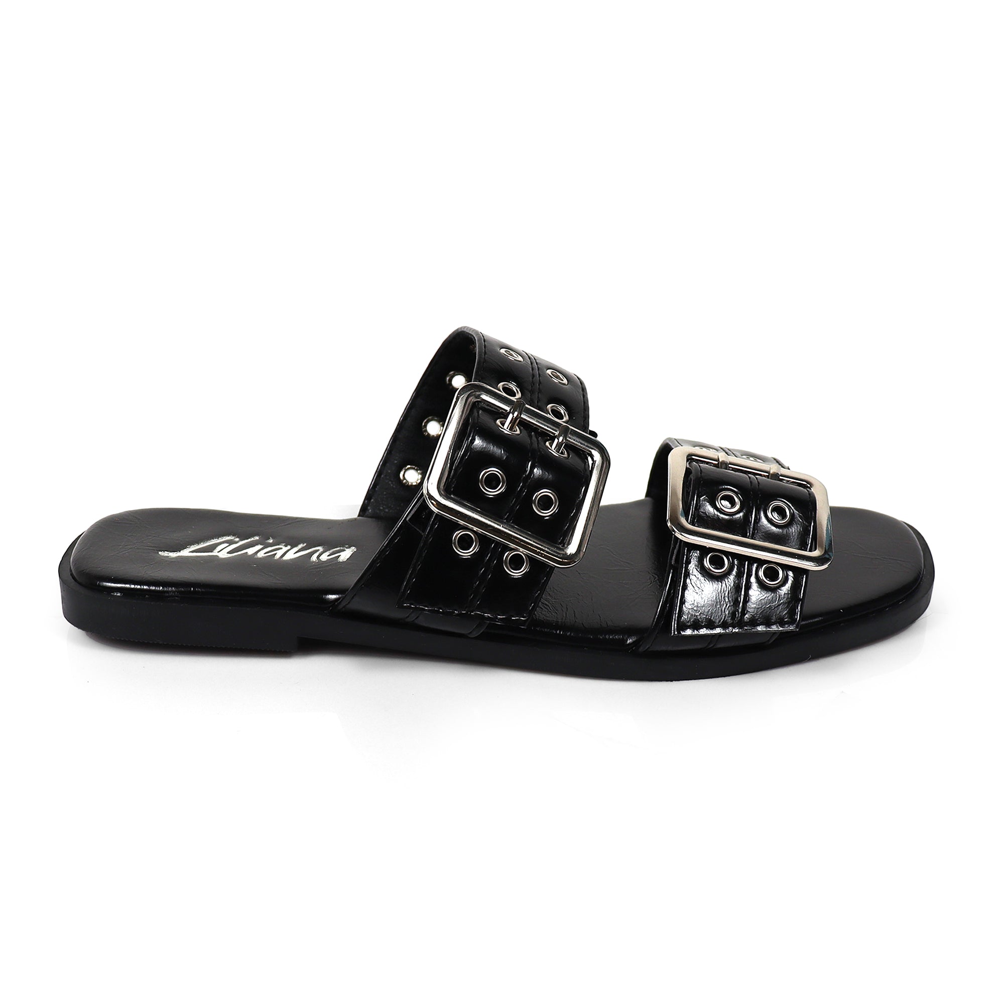 ROBIN-3 DUO STRAP BUCKLE SLIDE SANDAL W/ EYELET BLACK