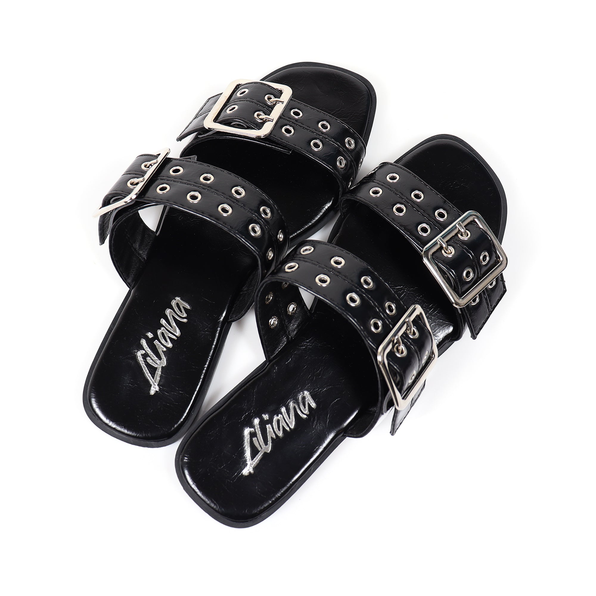 ROBIN-3 DUO STRAP BUCKLE SLIDE SANDAL W/ EYELET BLACK