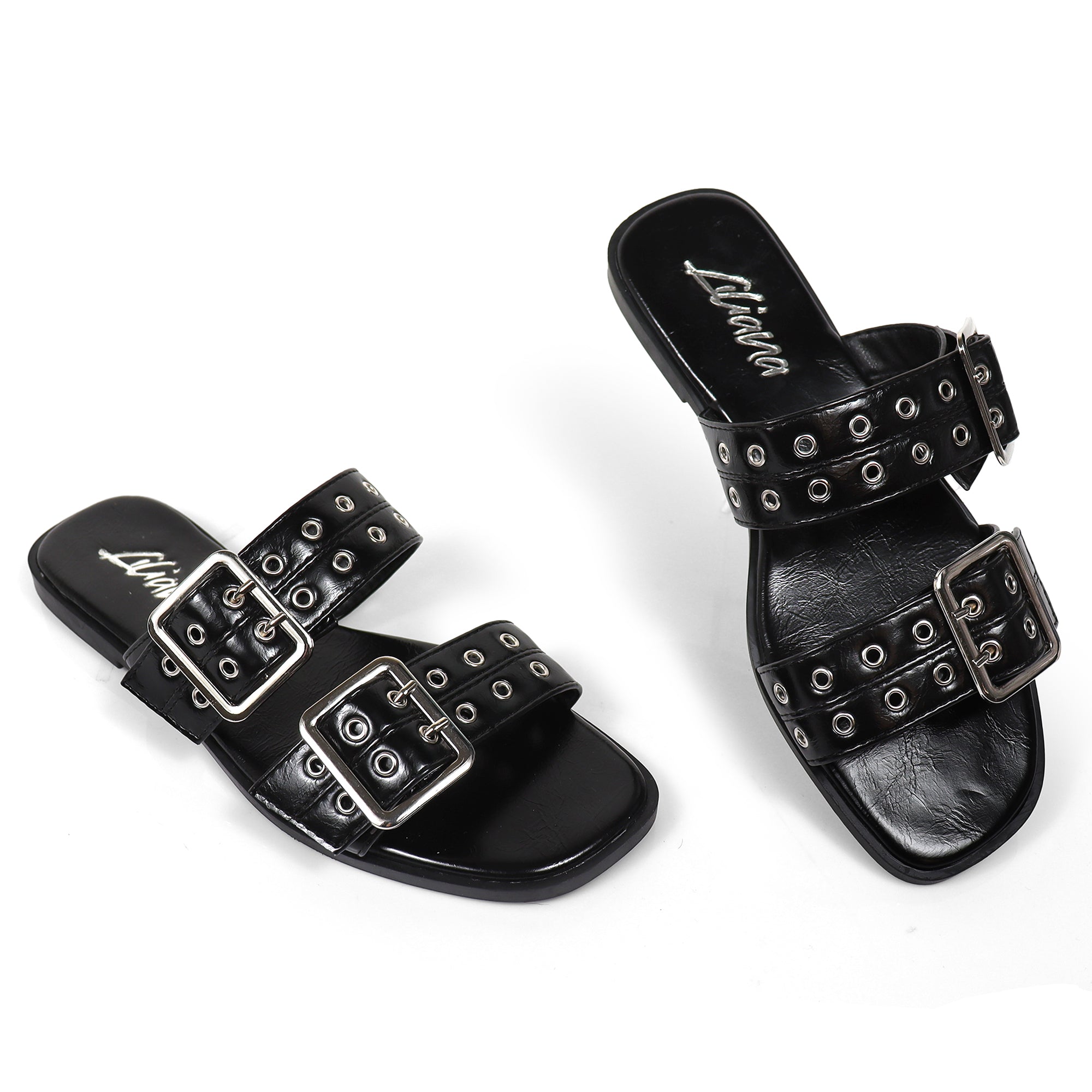 ROBIN-3 DUO STRAP BUCKLE SLIDE SANDAL W/ EYELET BLACK