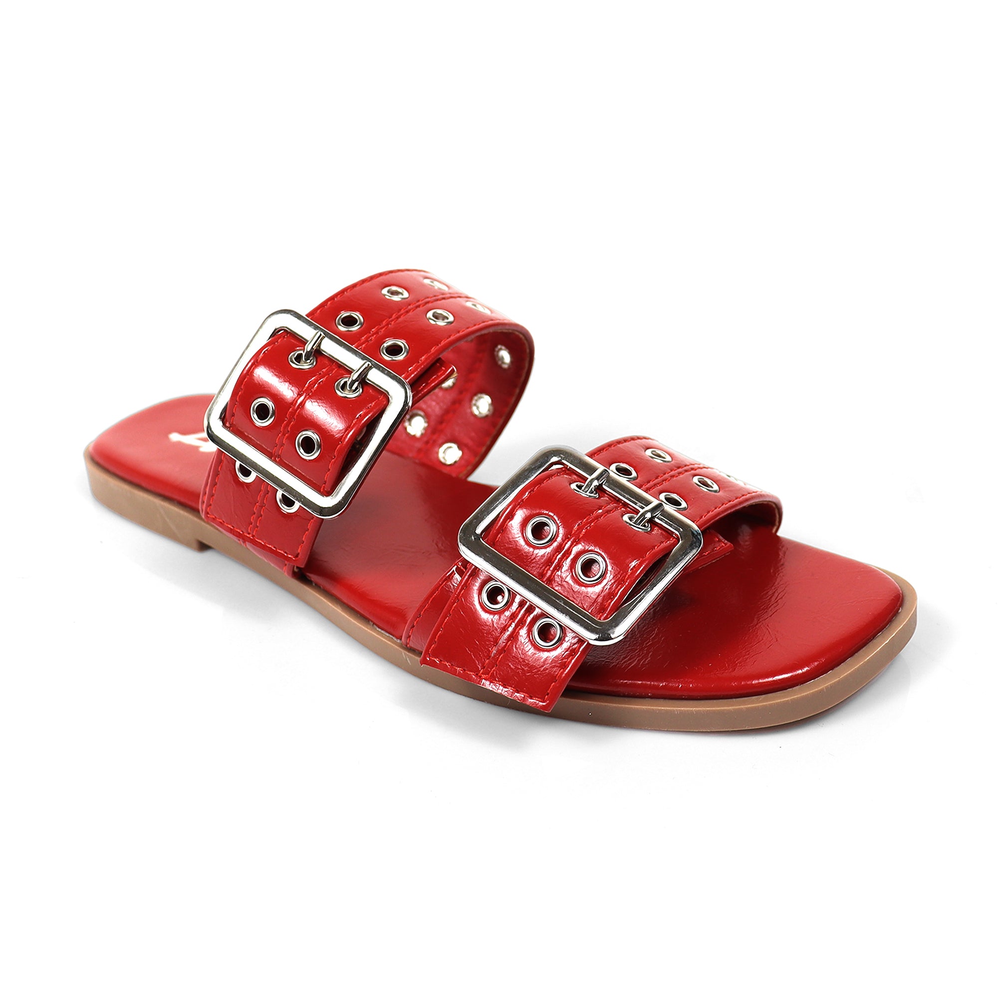 ROBIN-3 DUO STRAP BUCKLE SLIDE SANDAL W/ EYELET RED